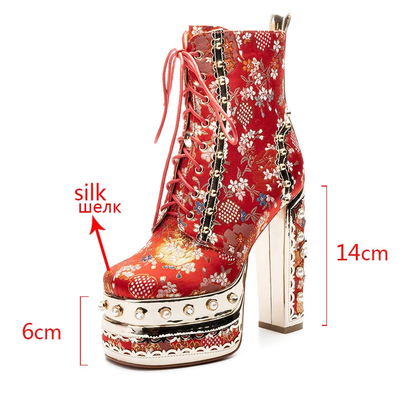 Phoentin Luxury crystal super high heels wedding party shoes women's silk embroidery flower platform ethnic Ankle boots FT1736
