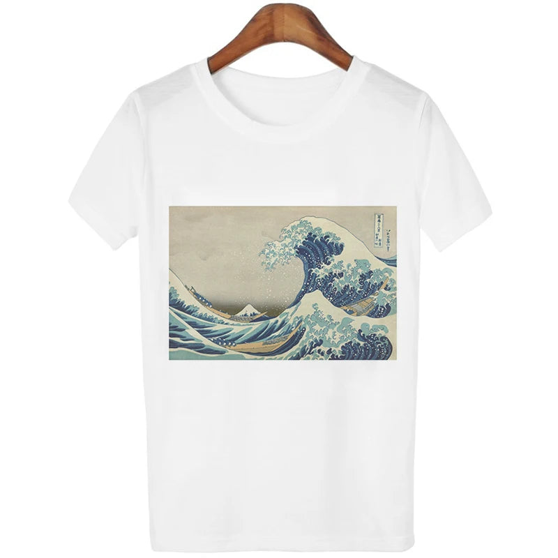 New Summer T-shirt Women Harajuku Vintage Funny Van Gogh Art Oil Painting Lattice Print Jiugongge T Shirt Ulzzang Female T-shirt