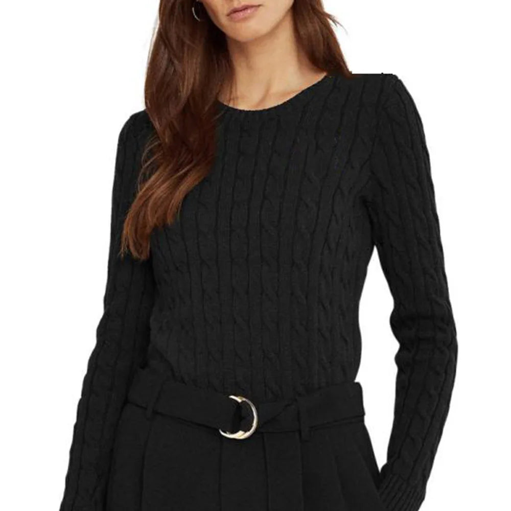Women's Autumn Knit Sweater Classic Round Neck Long Sleeve Twist Thickening Solid Color Loose Casual Sweater Tops