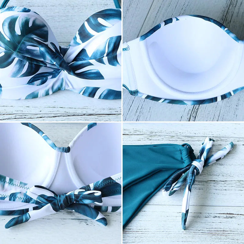 2023 New Leaves Print Bikini Swimsuit Women Push Up Bikini Set Bandeau Swimwear Bathing Suit Brazilian Biquini Female Swim Suit