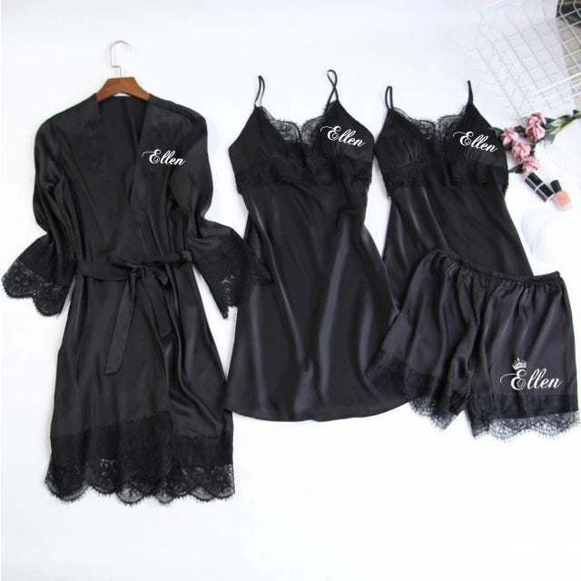 Personalized name Women Kimono Bathrobe Bride Bridesmaid Wedding Robe Set Lace Trim Sleepwear Casual Home Clothes Nightwear