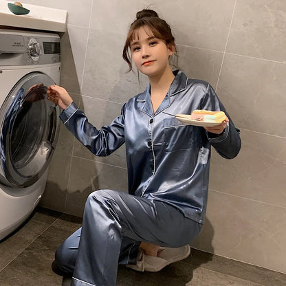 Sleepwear Couple Silk Satin Solid Color Pajama Sets Long Button-Down Pijama Plus Size Home Clothes Pyjamas Women Men Loungewear