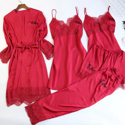 Personalized name Women Kimono Bathrobe Bride Bridesmaid Wedding Robe Set Lace Trim Sleepwear Casual Home Clothes Nightwear
