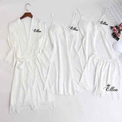 Personalized name Women Kimono Bathrobe Bride Bridesmaid Wedding Robe Set Lace Trim Sleepwear Casual Home Clothes Nightwear