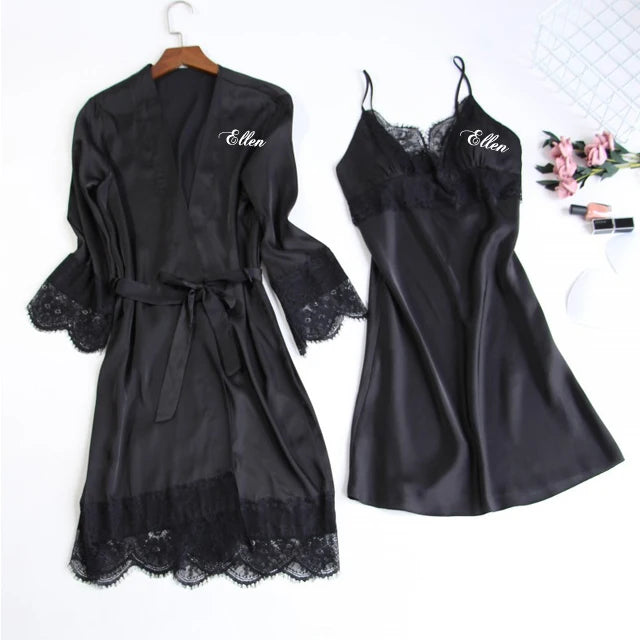 Personalized name Women Kimono Bathrobe Bride Bridesmaid Wedding Robe Set Lace Trim Sleepwear Casual Home Clothes Nightwear