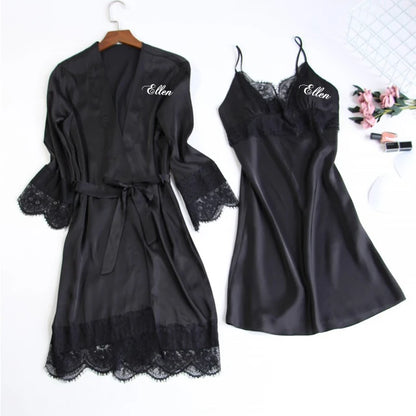 Personalized name Women Kimono Bathrobe Bride Bridesmaid Wedding Robe Set Lace Trim Sleepwear Casual Home Clothes Nightwear