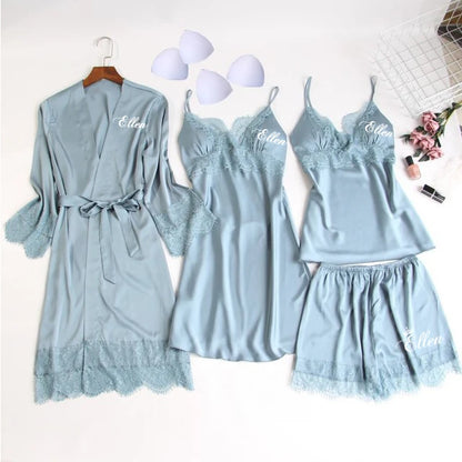 Personalized name Women Kimono Bathrobe Bride Bridesmaid Wedding Robe Set Lace Trim Sleepwear Casual Home Clothes Nightwear