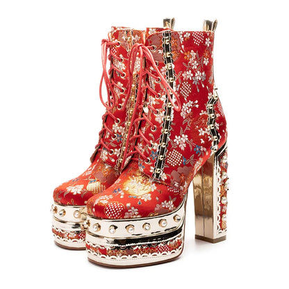 Phoentin Luxury crystal super high heels wedding party shoes women's silk embroidery flower platform ethnic Ankle boots FT1736