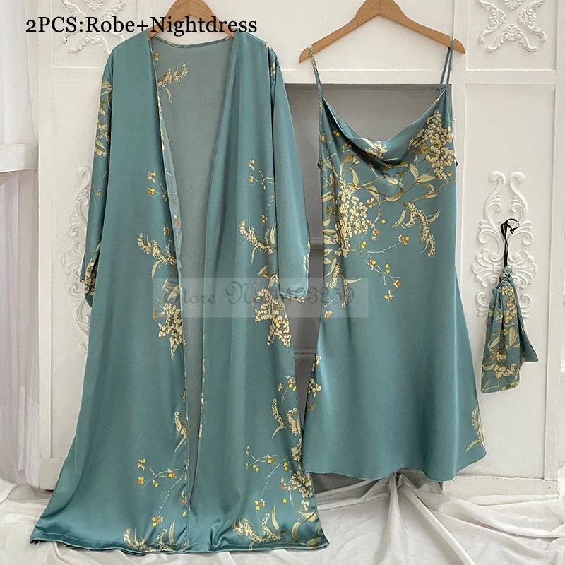 Four Pieces Pajamas Set Printed Little Cherry Sleepwear Women Satin Nightgown With Suspender Sling&Shorts Summer Home Clothes