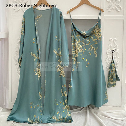 Four Pieces Pajamas Set Printed Little Cherry Sleepwear Women Satin Nightgown With Suspender Sling&Shorts Summer Home Clothes