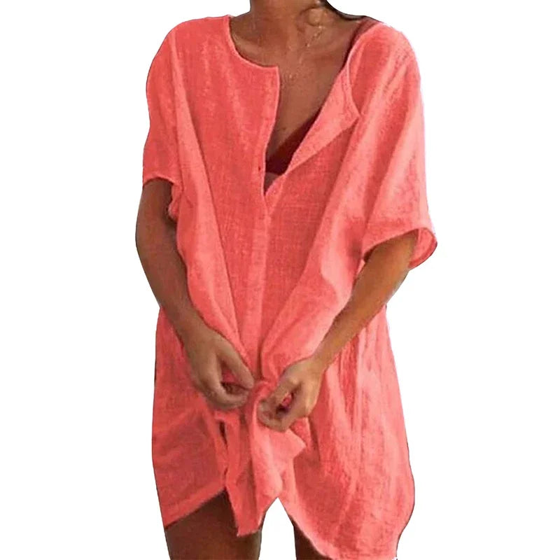 2025 Hot Sexy Beach Swimsuit Cover-Ups Women Blouse Beach Shirt Cotton Linen Long Blouse Fashion Casual Solid Color Beach Dress
