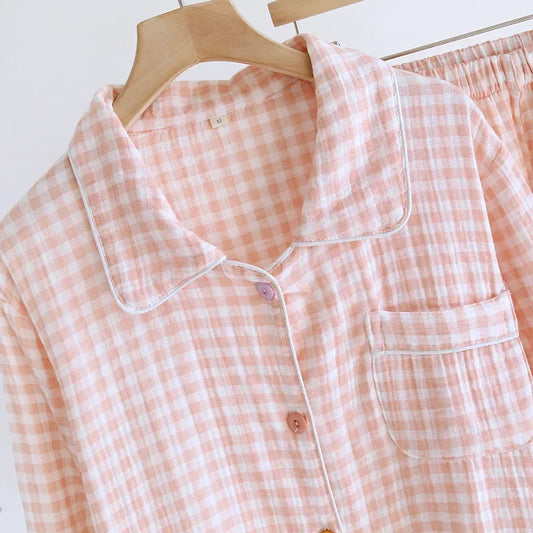 2026 Spring/Summer New Women's Sleepwear Long Set 100% Cotton Plaid Long Sleeve Long Pants Two Piece Set Collar Home Clothes