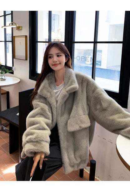 Women Faux Fur Coats Mid Length Jackets Stand Collar Coat Thick Warm Y2k Streetwear Jacket Work Casual Loose Autumn Winter