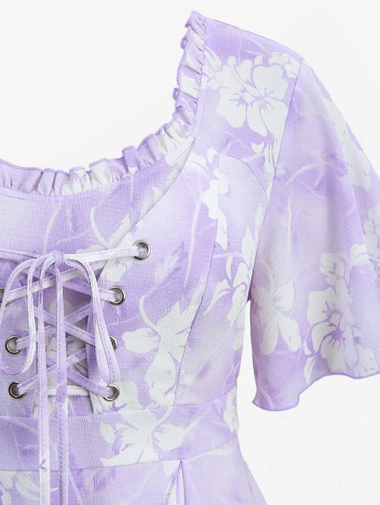 ROSEGAL Plus Size Tie Dye Floral Print Ruffles Lace-Up Dress 2026 Women Summer Dress Light Purple Square Collar Split Vestidos