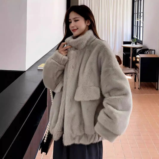Women Faux Fur Coats Mid Length Jackets Stand Collar Coat Thick Warm Y2k Streetwear Jacket Work Casual Loose Autumn Winter