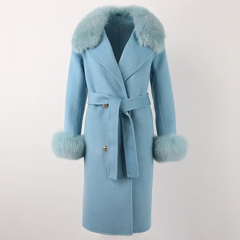 Double Breasted Woolen Jacket Belt Warm Cashmere Real Fur Coat Streetwear New Fashion 2024 Winter Women Long Natural Wool Blends