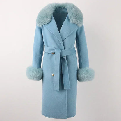 Double Breasted Woolen Jacket Belt Warm Cashmere Real Fur Coat Streetwear New Fashion 2024 Winter Women Long Natural Wool Blends