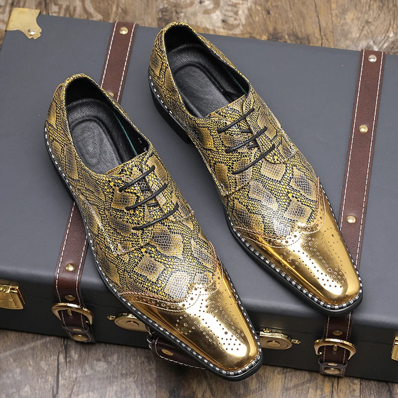 Designer Mens Shoes Gold Silver Snakeskin Patent Leather Shoes Fashion Casual Business Shoe Lace Up Brogues Shoes Zapatos Hombre