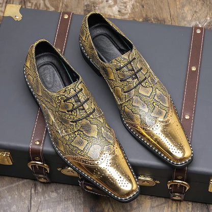 Designer Mens Shoes Gold Silver Snakeskin Patent Leather Shoes Fashion Casual Business Shoe Lace Up Brogues Shoes Zapatos Hombre