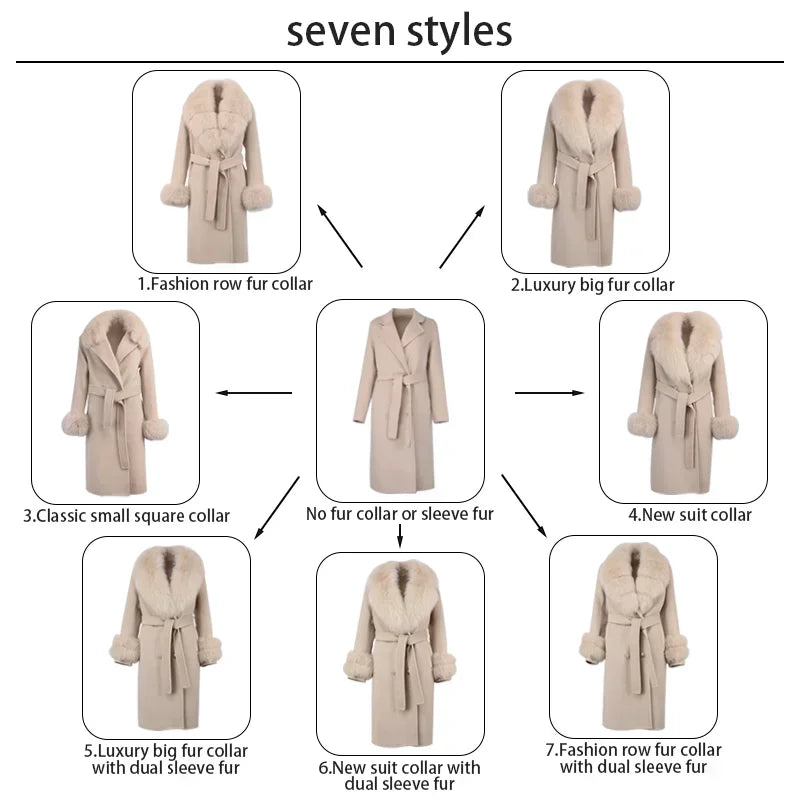 Double Breasted Woolen Jacket Belt Warm Cashmere Real Fur Coat Streetwear New Fashion 2024 Winter Women Long Natural Wool Blends