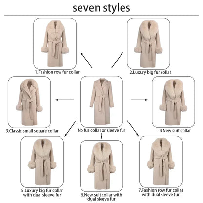 Double Breasted Woolen Jacket Belt Warm Cashmere Real Fur Coat Streetwear New Fashion 2024 Winter Women Long Natural Wool Blends
