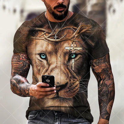 Christ Jesus T-Shirts for Men 3D Lion Printed T-Shirt Summer Clothes Short Sleeve Streetwear Vintage Tops Tee Shirt Men Clothing