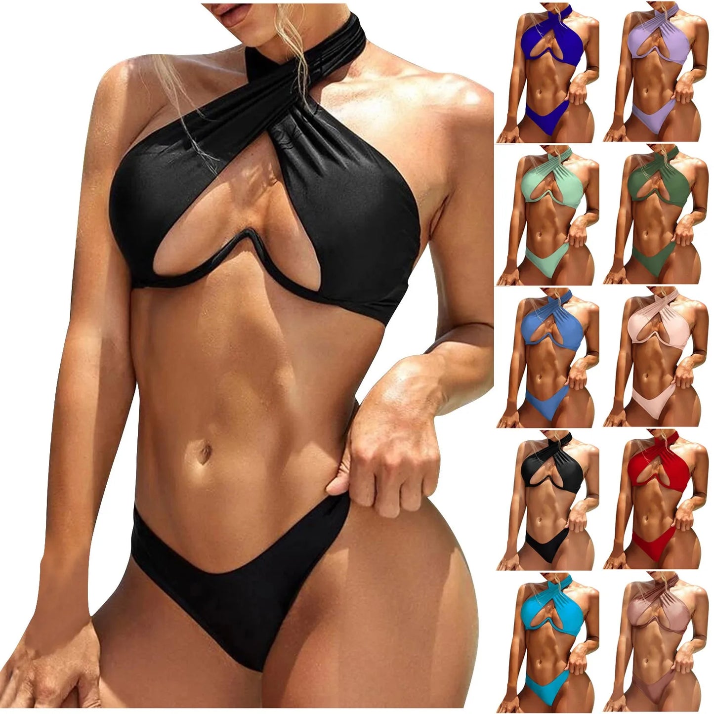 Women'S Fashion Solid Color Neck Gathering Underwire Split Sexy Bikini Swimsuit Women Brazilian Swimsuit Sexy Push Up Swimwear