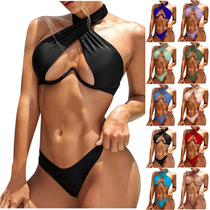 Women'S Fashion Solid Color Neck Gathering Underwire Split Sexy Bikini Swimsuit Women Brazilian Swimsuit Sexy Push Up Swimwear