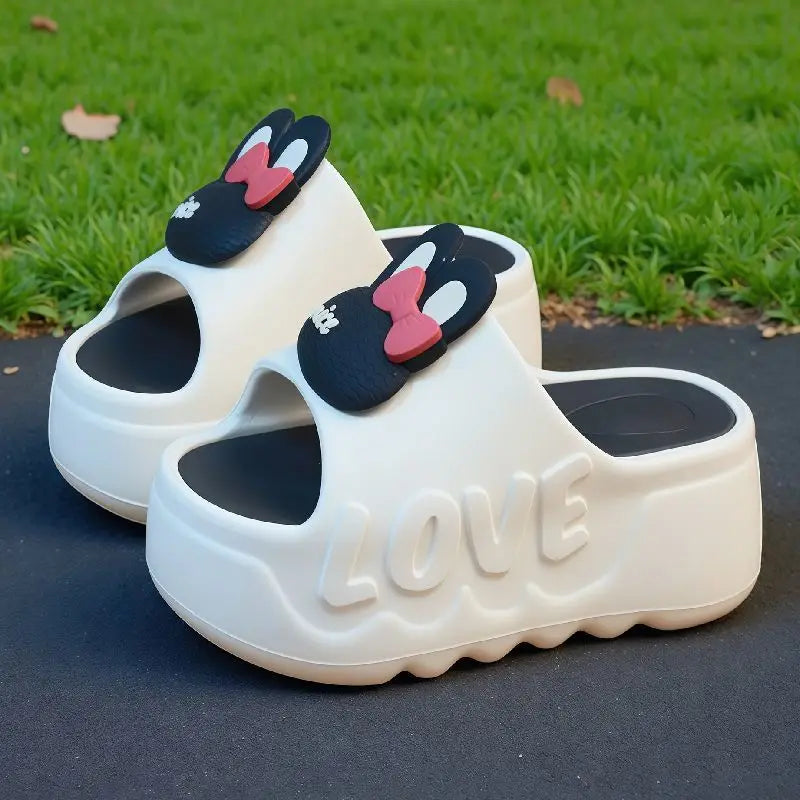 New pink flower high heel slipper women's outdoor slides sweet backless beach shoes woman flat platform mules elevator slippers
