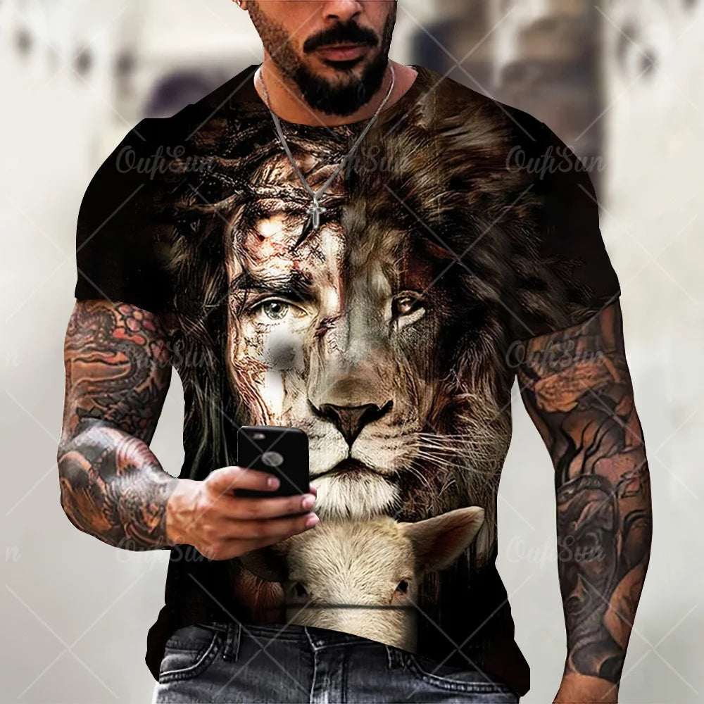Christ Jesus T-Shirts for Men 3D Lion Printed T-Shirt Summer Clothes Short Sleeve Streetwear Vintage Tops Tee Shirt Men Clothing