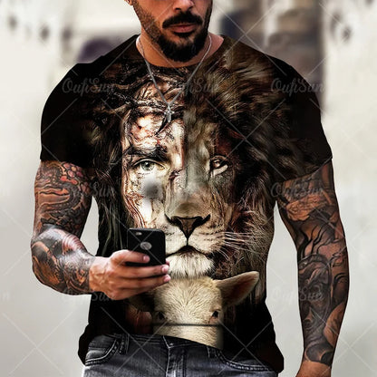Christ Jesus T-Shirts for Men 3D Lion Printed T-Shirt Summer Clothes Short Sleeve Streetwear Vintage Tops Tee Shirt Men Clothing
