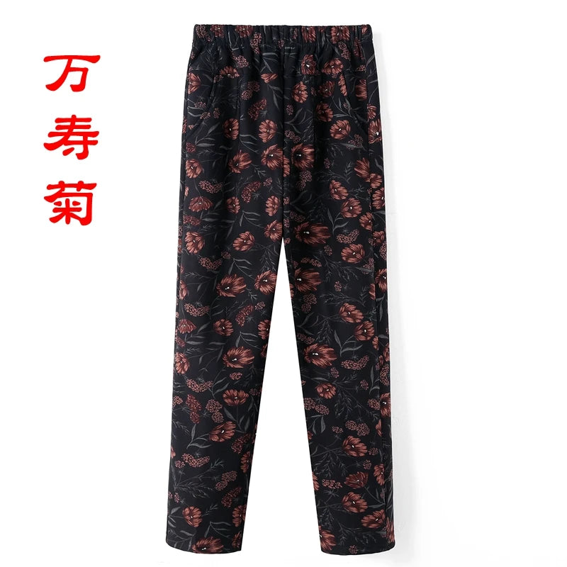 8XL 9XL Middle-aged Women Trousers New Print Elasti High Waist Casual Pants Spring and Autumn Straight Pants Oversize Grandma Pa