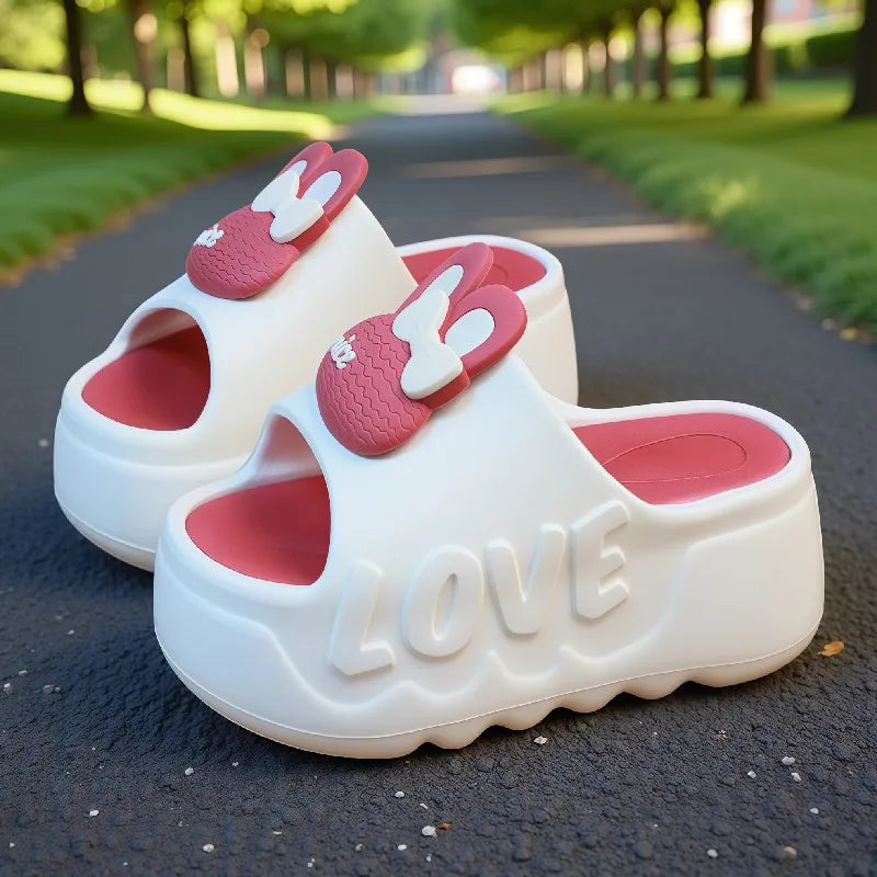 New pink flower high heel slipper women's outdoor slides sweet backless beach shoes woman flat platform mules elevator slippers