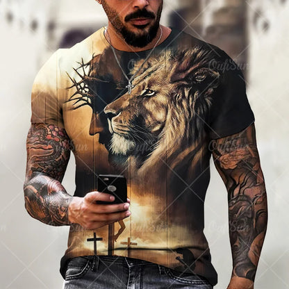 Christ Jesus T-Shirts for Men 3D Lion Printed T-Shirt Summer Clothes Short Sleeve Streetwear Vintage Tops Tee Shirt Men Clothing