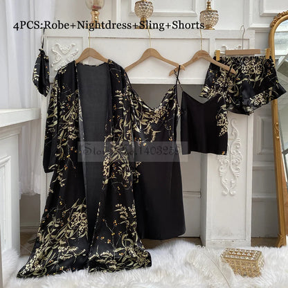 Four Pieces Pajamas Set Printed Little Cherry Sleepwear Women Satin Nightgown With Suspender Sling&Shorts Summer Home Clothes