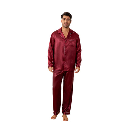 New Men's Pajamas Set Solid Color Casual Homewear Ice Silk Long Sleeve Shirt & Long Pants Pajama Male Satin Sleepwear Indoor Set