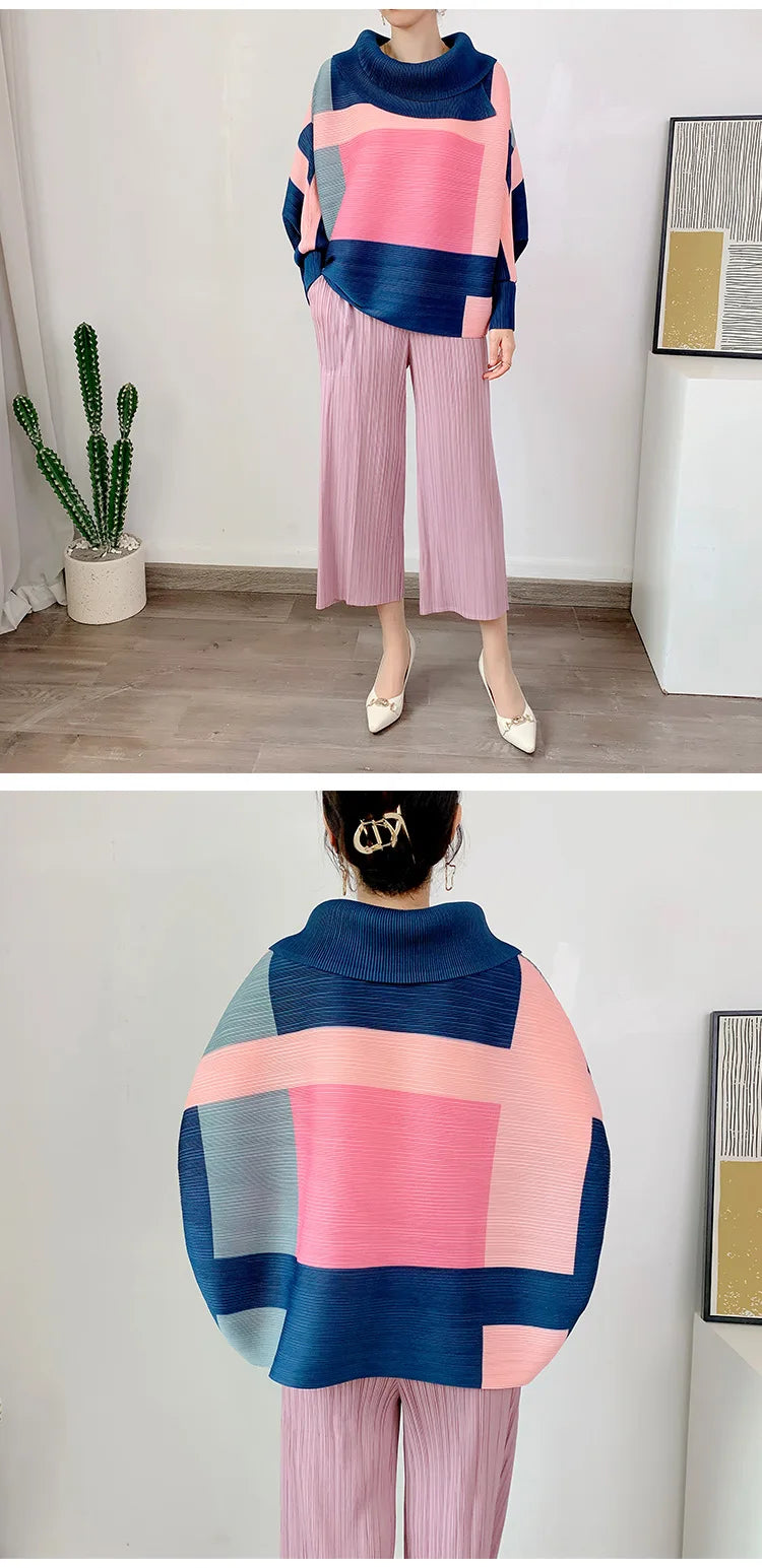 Miyake Pleated Turndown Collar Batwing Sleeve Top Women Geometric Printed Loose T-shirt
