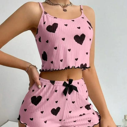 Heart Print 2PCS Home Suit Women's Suspender Shorts Casual Fashion Nightwear Female pajamas Lightweight Love Sleepwear
