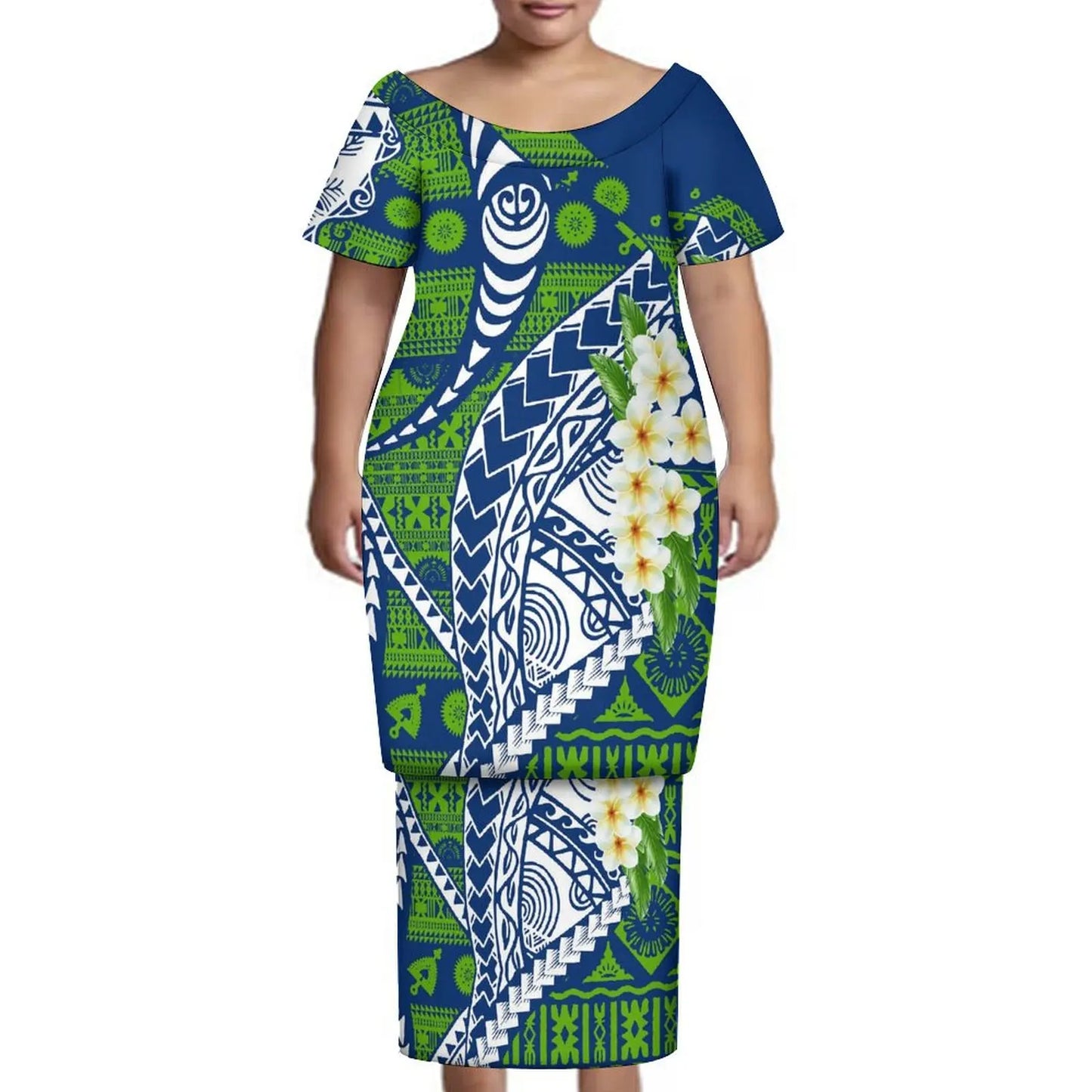 New Tonga Polynesian Short Sleeve Dress Big Size Women Button Puletasi Dress and Aloha Men Shirt Match Couple Clothes Two Piece