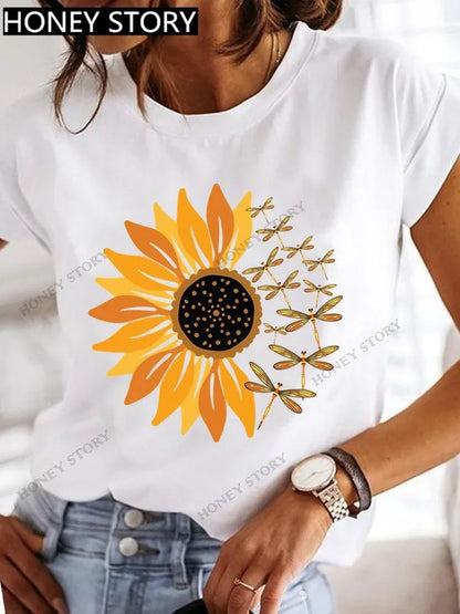 Dragonfly Butterfly Print Base Top Loose Women's Short-sleeved T-shirt Round Neck Oversized T Shirt  Women Clothes TEE
