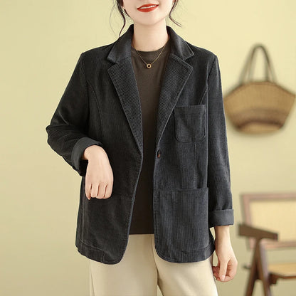 Retro Corduroy ort Suit Jaet Women's Loose Casual Striped Velvet Open Cardigan Top Spring 2026 New Sle Cotton Material
