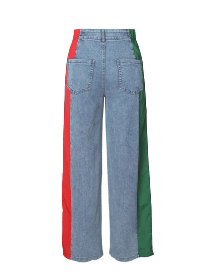 Denim Pants Women Patchwork Spliced Long Pant Mom Straight Button High Waist Casual Jeans Trousers Pocket Lady Y2k Autumn