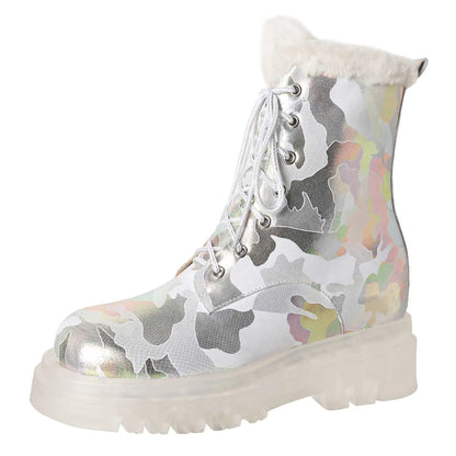 Krazing Pot Ins Cold-resistant Warm Long Plush Sheep Leather Snow Boots Thick Heel Casual Winter Platform Camouflage Ankle Boots