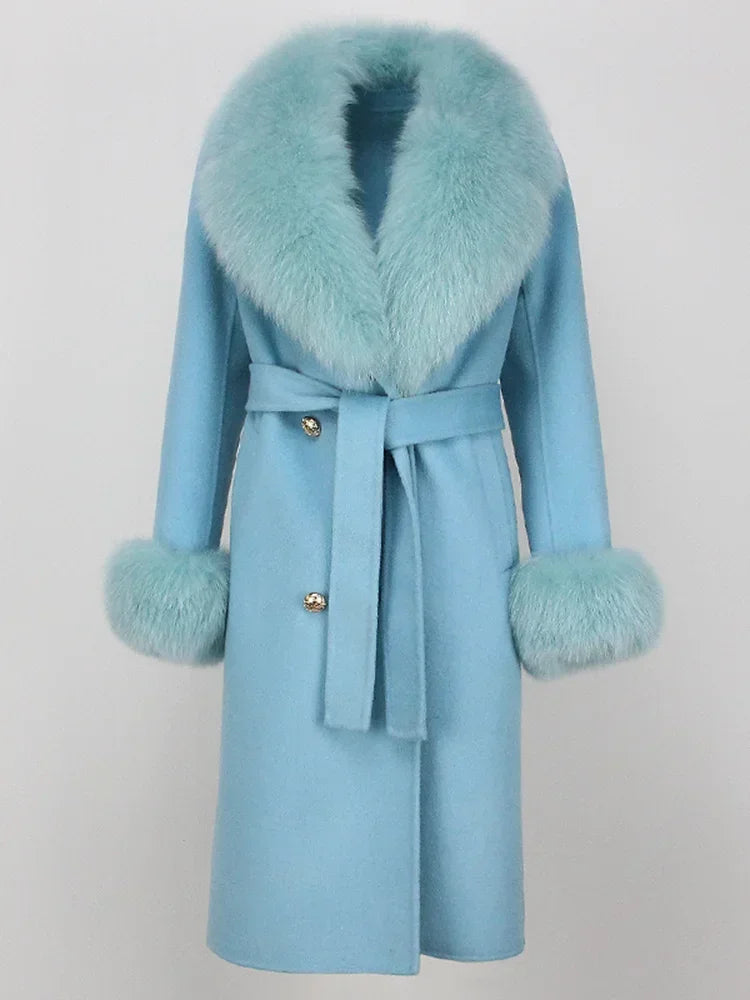 Double Breasted Woolen Jacket Belt Warm Cashmere Real Fur Coat Streetwear New Fashion 2024 Winter Women Long Natural Wool Blends