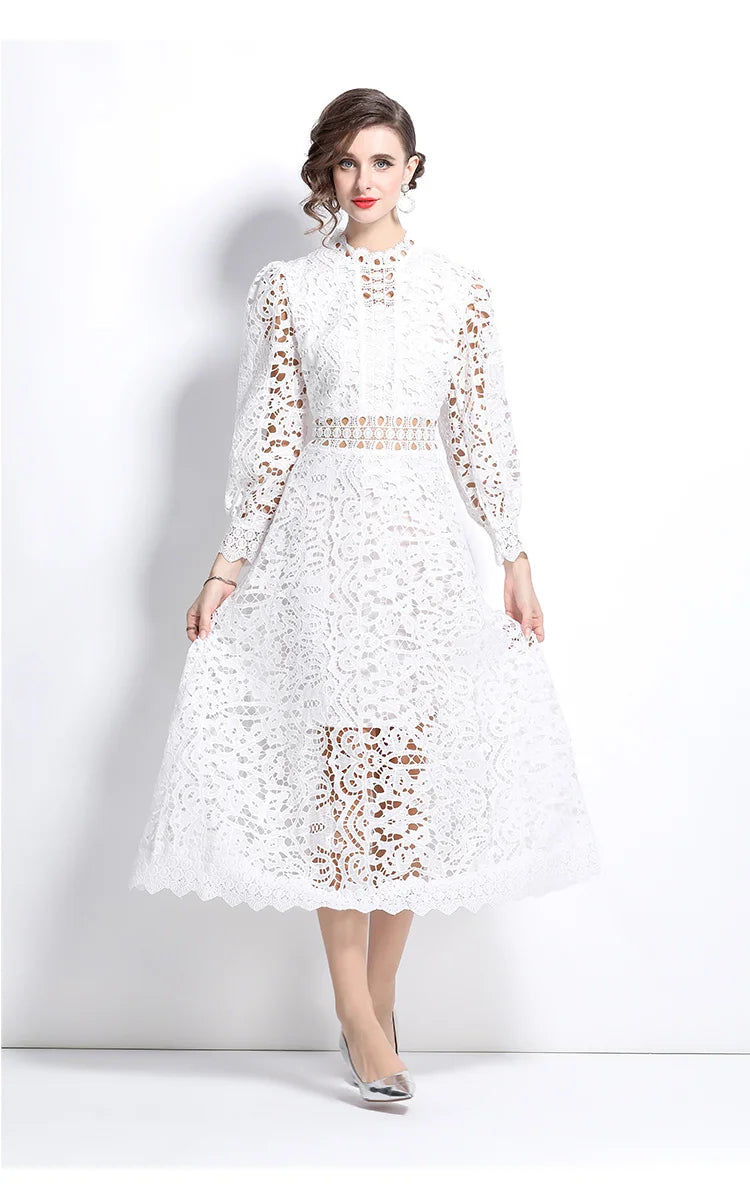 French Elegant Holiday Flower Embroidery Lace Midi Dress Women Lantern Long Sleeve Stand Hollow Out Crochet Party Vestidos