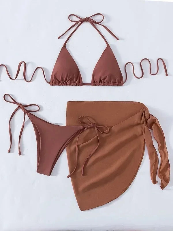 2026 Women's High Waist Bikini Set Halter Cut Out Mesh Skirt 3 Piece Swimsuit Brazilian Push Up Bra Beach Bathing Suit Swimwear