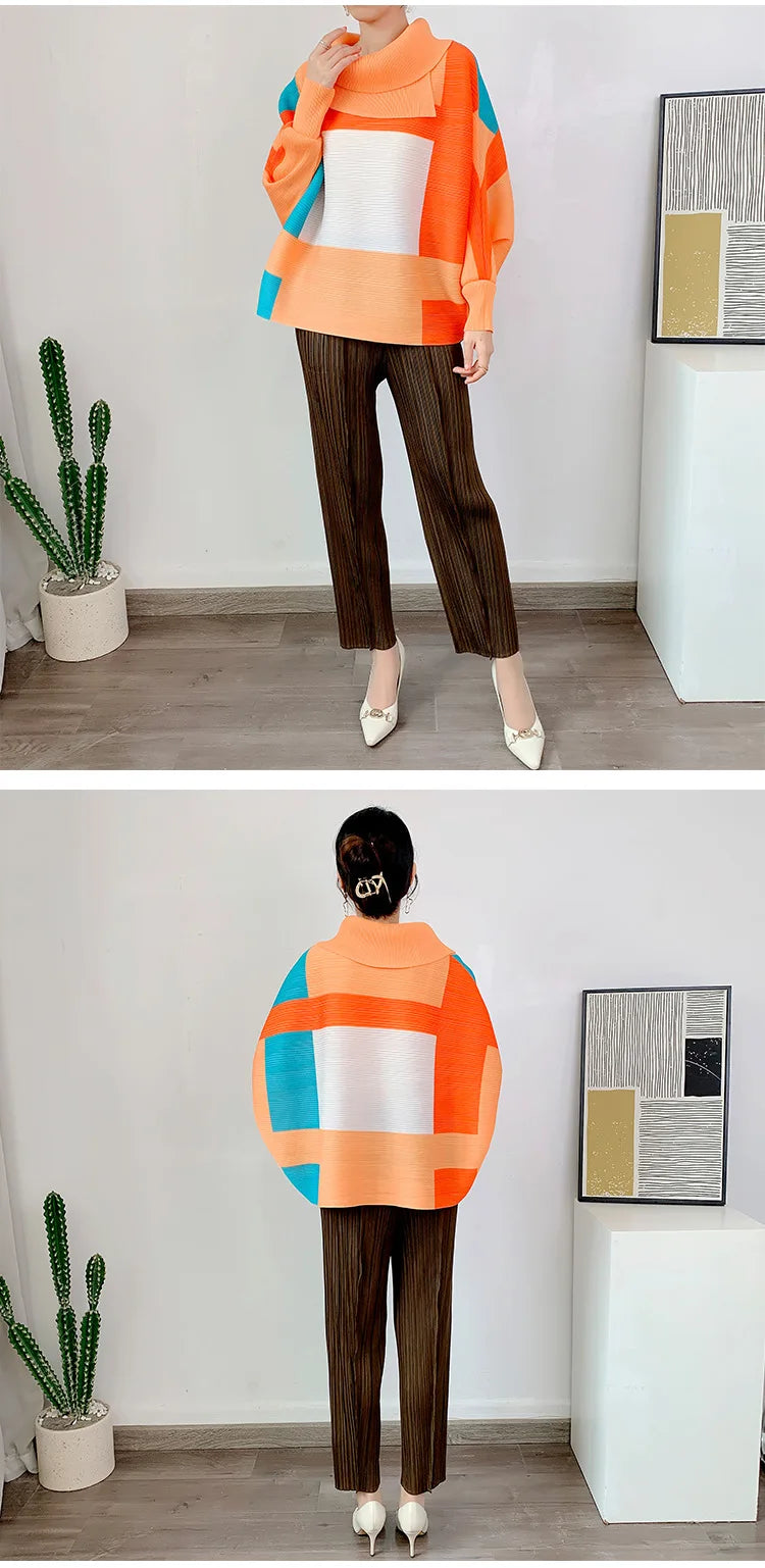 Miyake Pleated Turndown Collar Batwing Sleeve Top Women Geometric Printed Loose T-shirt