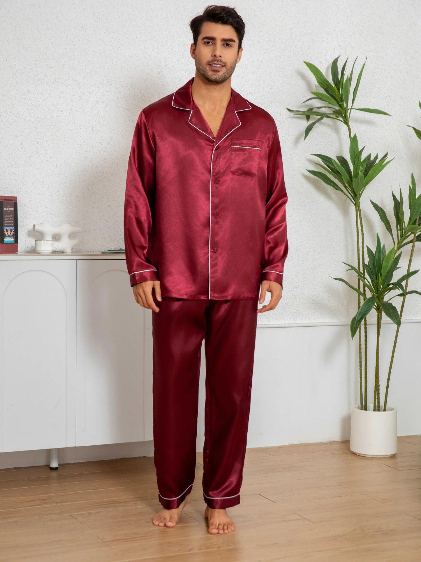 New Men's Pajamas Set Solid Color Casual Homewear Ice Silk Long Sleeve Shirt & Long Pants Pajama Male Satin Sleepwear Indoor Set