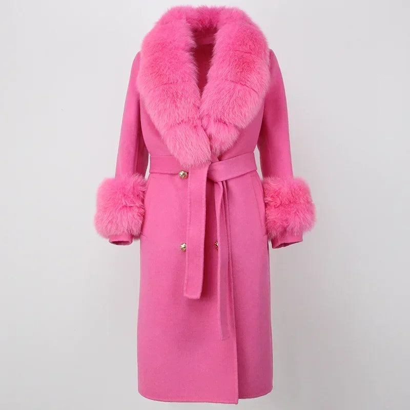 Double Breasted Woolen Jacket Belt Warm Cashmere Real Fur Coat Streetwear New Fashion 2024 Winter Women Long Natural Wool Blends