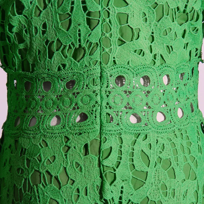 French Elegant Holiday Flower Embroidery Lace Midi Dress Women Lantern Long Sleeve Stand Hollow Out Crochet Party Vestidos